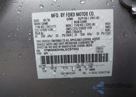 2020 Ford Explorer Xlt z USA, uszkodzony, nr VIN 1FMSK8DHXLGC87002